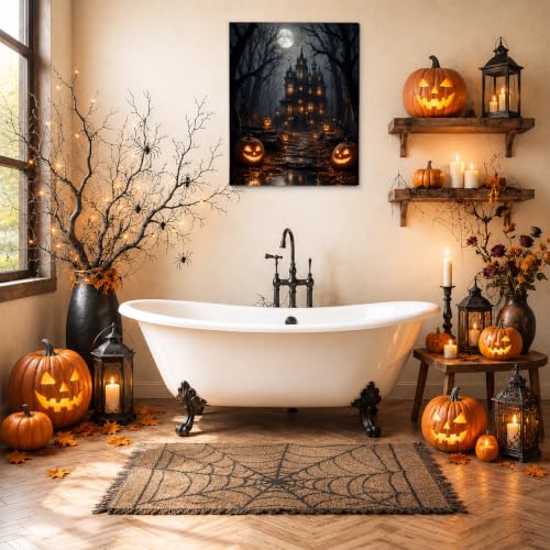 Halloween Haunted House Wall Art - Framed Gothic Pumpkin Forest Scene Art-7