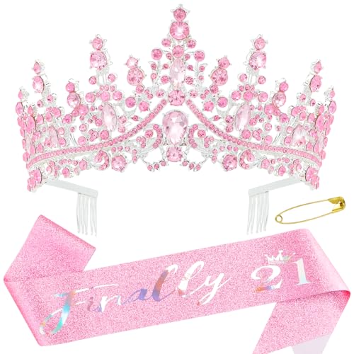 Pink 21st Birthday Sash and Tiara Set - Sparkly Crown & Satin Accessories