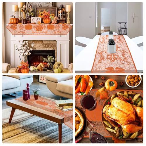 Thanksgiving Lace Table Runner Fall Decor - Pumpkin & Maple Leaf Pattern, 80 Inches, Thanksgiving Style C