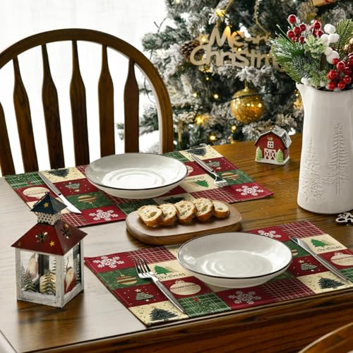 Christmas Placemats Set of 4 - Red Rectangular 12x18 Inch Holiday Table Decor