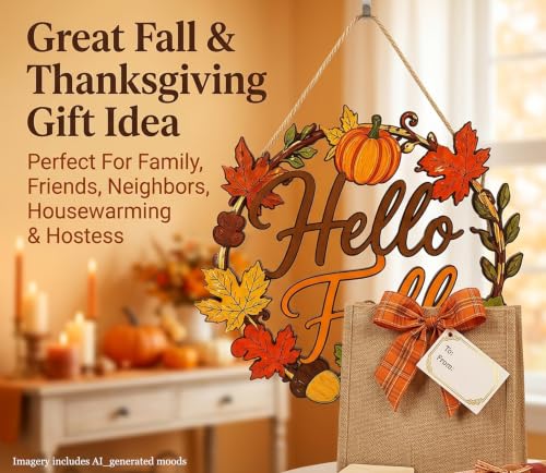 Wooden Hello Fall Door Sign - Rustic Autumn Wreath Wall Hanging - Single-Sided