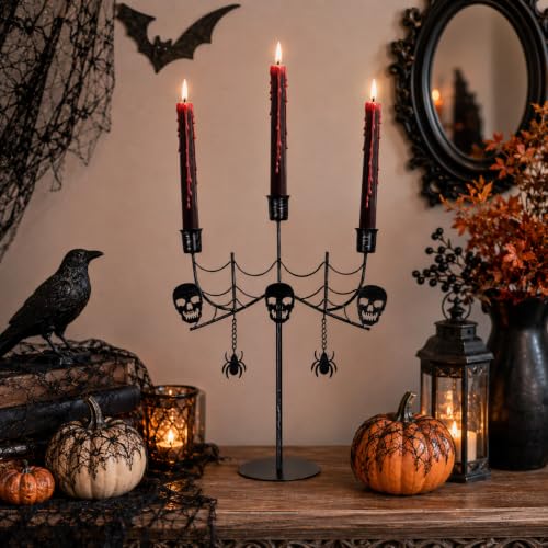 Halloween Skull Candle Holder - Gothic 3-Arm Black Metal Taper Candlestick for Indoor Decor