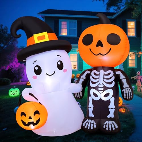 5.4Ft Halloween Inflatable Ghost and Pumpkin Yard Decor with LEDs, Outdoor Garden Decoration