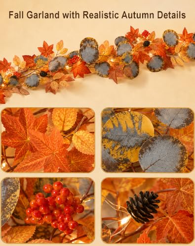 Fall Garland with 35 Warm LED Lights - Autumn Decor for Indoor & Outdoor
