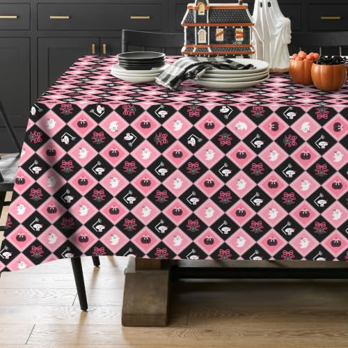 Cute Checkered Halloween Tablecloth 60x102 Inch Rectangular Pink & Black Pumpkin Ghost Skull Web Party Cover