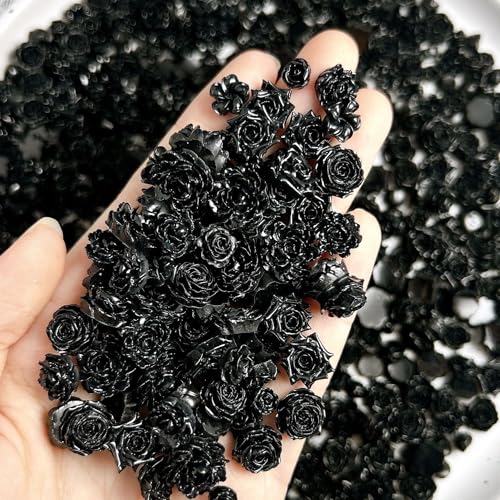 Black Rose Nail Charms 300 Pcs 3D Valentines Day Floral Rhinestones for Acrylic Nails