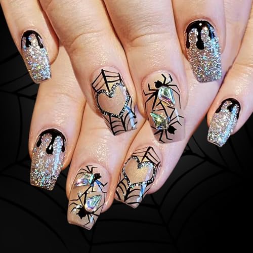 Halloween Press On Nails with Rhinestones & Spider Web - Style 19, Medium Square, 24 Pack