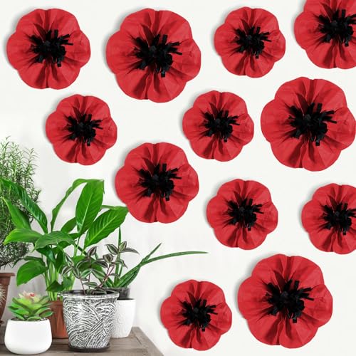 Artificial Poppy Flowers Set - 36 Tissue Paper Red & Black Decorations for Events