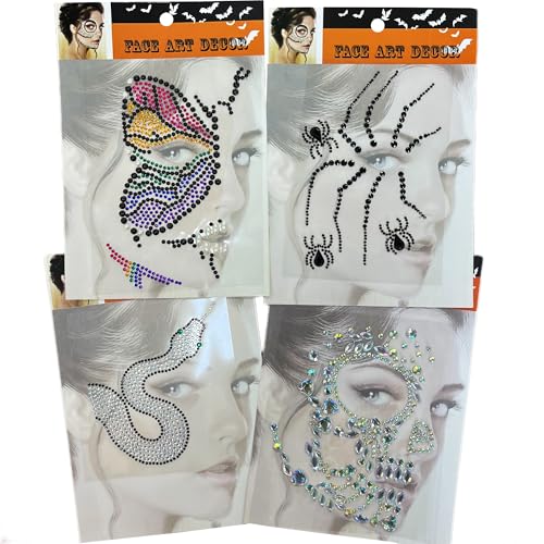 Halloween Face Tattoos with Crystals & Gems - Butterfly & Spider Design, 4-Pack SSBP