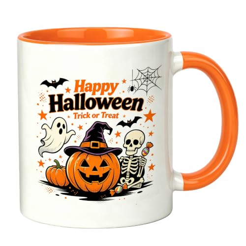 Halloween Trick or Treat Pumpkin Ghost Skull Mug - 11oz Orange Handle & Interior