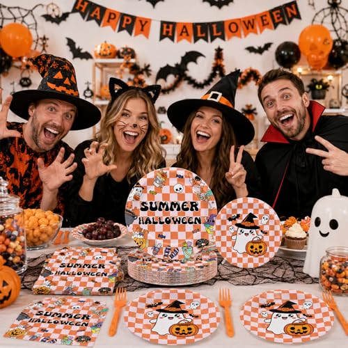 96PCS Summer Halloween Hippie Party Supplies Set Plates Napkins Cutlery for 24 Guests