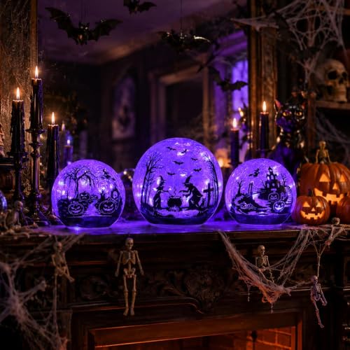 Halloween Glass Ball Decor Set - 3 Pack Purple LED Globes with Timer - Witch, Pumpkin & Bat Scenes