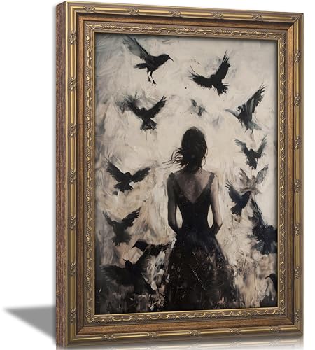 Halloween Witch Wall Art with Gold Frame - Crow Woman Gothic Decor, 16"L x 12"W - Witch Raven Variation