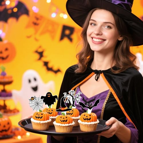 Halloween Cupcake Toppers Pack - Spooky Pumpkin, Black Cat, Bat & Ghost Decorations