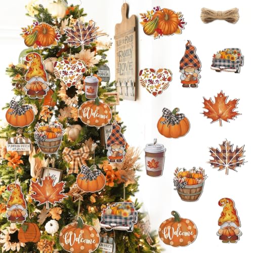 Fall Tree Decorations Gnome Truck Pumpkin Maple Leaf Wooden Hangings - Orange-4
