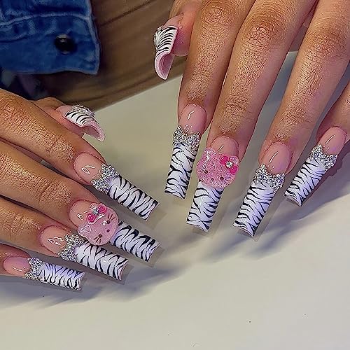 Leopard Print Press On Nails with Charms - Long Coffin Fake Nails for Women, 24 Pack