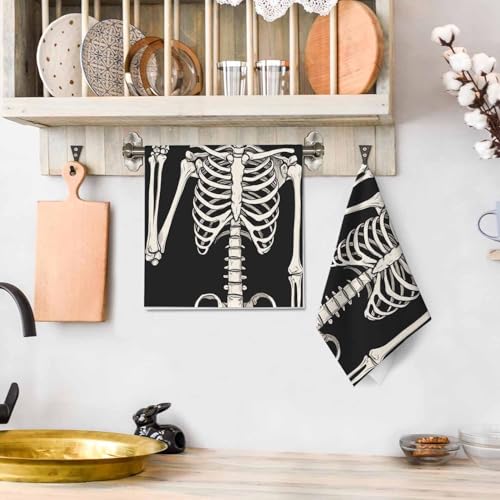 Human Skeleton Posing Kitchen Towels - Spooky Halloween Dish Cloths 2 Pack 16x24 Inches