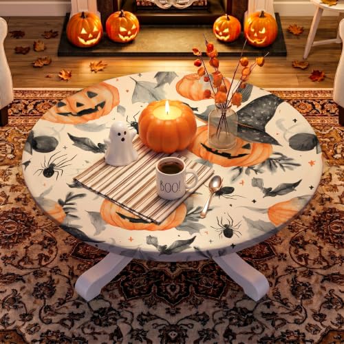 Halloween Round Fitted Tablecloth for 54-60 Inch Tables - Pumpkin Head Design