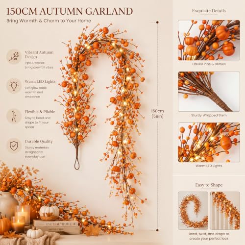 Orange Fall Garland with Lights - 5 ft Autumn Pumpkin & Berry Decor