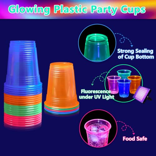 Glow in The Dark Plastic Cups 12oz - Colorful Neon Disposable Party Cups