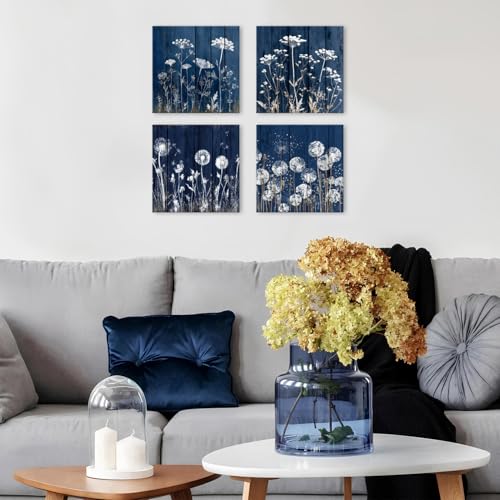12x12 Inch Navy Blue Dandelion Wall Art Set - Rustic Botanical Canvas Prints - Farmhouse Boho Decor