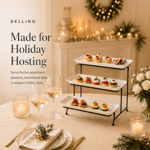 12 Inch Porcelain 3-Tier Serving Tray Stand for Party & Event Display - Collapsible White Platters