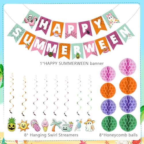 Summer Halloween Party Decorations Set - Banner, Swirls & Honeycomb Balls