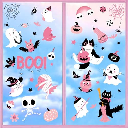 Pink Halloween Window Clings - Ghost, Pumpkin, Bat & Spider Decals - Variation of Halloween