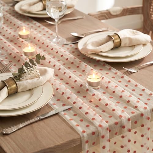 Beige Gauze Flocking Caramel Dots Table Runner 10FT for Wedding & Holiday Decor