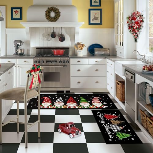Black Christmas Kitchen Rugs Set of 2 - Festive Gnome & Buffalo Plaid Decor