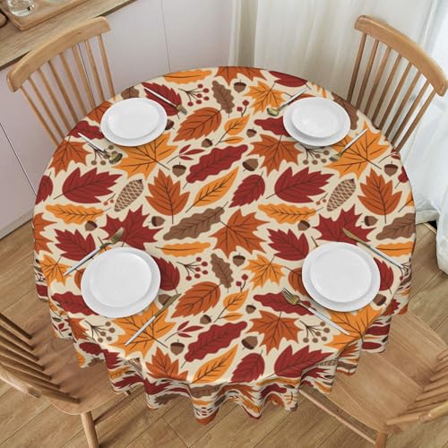 Fall Maple Leaf Round Tablecloth 60 Inch - Autumn Waterproof Decor, Yellow