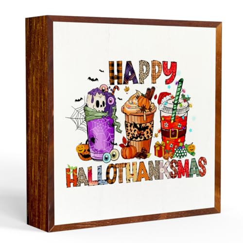 Hallothanksmas Wooden Block Sign - Funny Fall & Holiday Home Decor - Rustic Thanksgiving Christmas Decorations - IAXIC