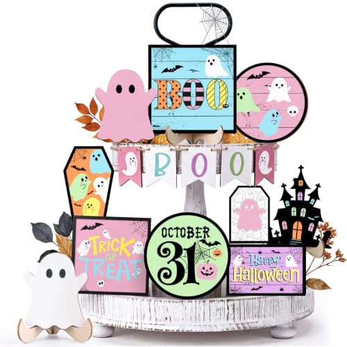 Pastel Halloween Wooden Tiered Tray Decor Set - 15 Pcs, Rustic Farmhouse Style