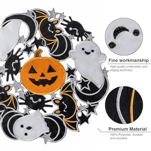 Round Halloween Spooky Placemats Set of 4 - Embroidered Pumpkins & Bats, 14 Inch, Black Gothic Table Decor