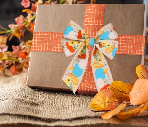 Vegetable & Buffalo Plaid Fall Ribbon Set - 2 Rolls, 5 Yards Each, Orange Burlap Wired Edges for Gift Wrap & Decorations