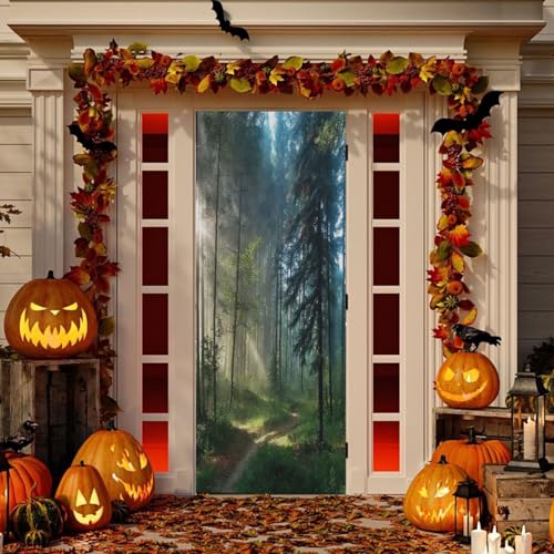 Natural Forest Door Cover Decoration 32 x 79 Inch - Festive Porch Decor