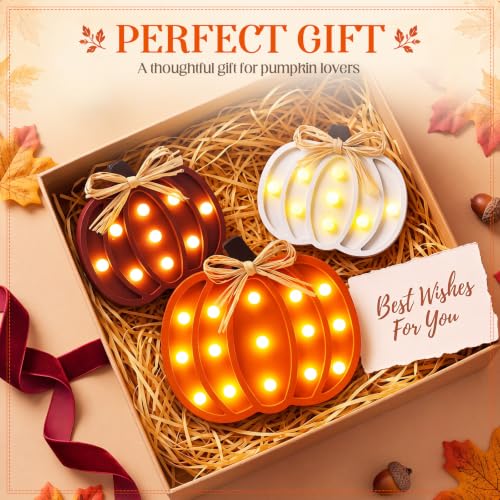 Novabright 3-Piece Fall Wooden Pumpkin Decor Set - White, Orange, Brown, 4in+6in+8in with LED Lights
