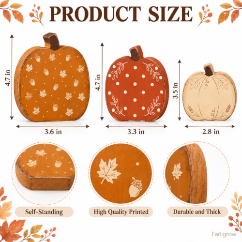 Wooden Pumpkin Fall Decor Set - 3 Distressed Rustic Autumn Pumpkins with Seasonal Prints - Pumpkin Variation