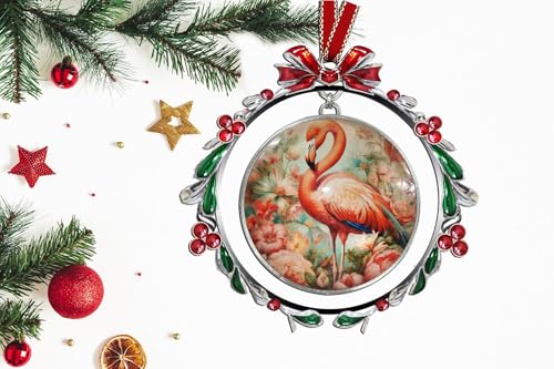 Flamingo in Floral Christmas Tree Ornament - Holiday Glass Decoration with Crystal Accents