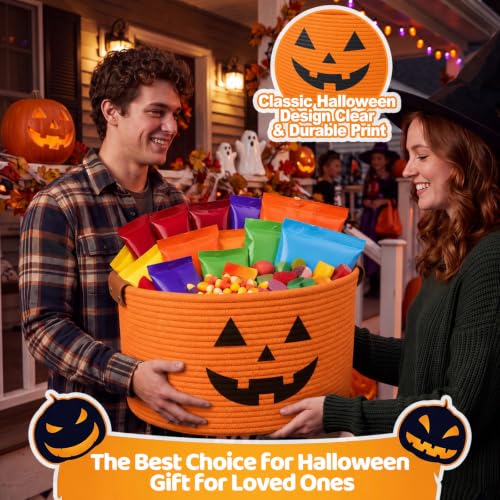 Halloween Pumpkin Cotton Rope Basket with Handles - Fall Decor & Gift Storage - Pumpkin
