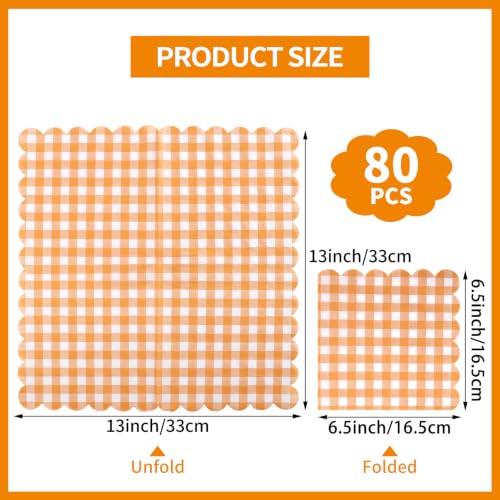 Orange Gingham Paper Napkins - Fall 6.5 Inch Scalloped 2-Ply, 80 Pack