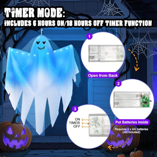 Halloween Hanging Ghost Lights Set - White Ghosts with Blue Light, 4 Pack Outdoor Decor