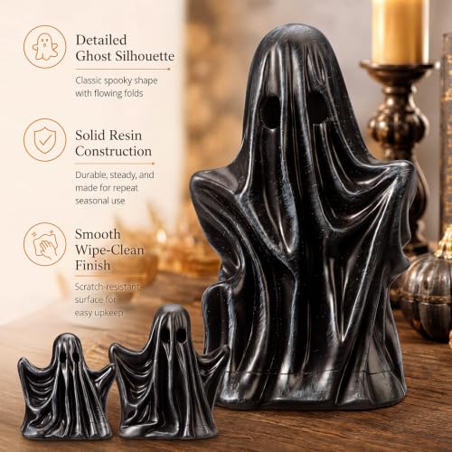 Halloween Ghost Figurine Set - 3 Black Resin Gothic Decor, 4-6 Inches