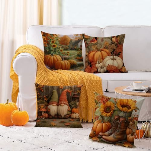 Fall Throw Pillow Covers 14x14 Set of 4 Pumpkin Sunflower Gnome Autumn Farmhouse