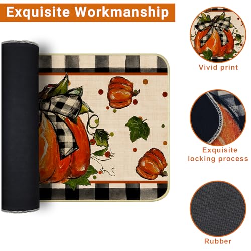 Fall Kitchen Mat Set of 2 - Plaid Pumpkin Non-Slip Rugs for Fall & Halloween Decor