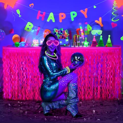 Glow in The Dark Neon Party Table Skirts - 2 Pack Large Wavy Fringe Decorations