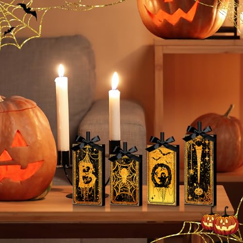 Britimes Halloween Ghost Tiered Tray Decor - Tarot Boo Variation, 4 Pack Wooden Signs