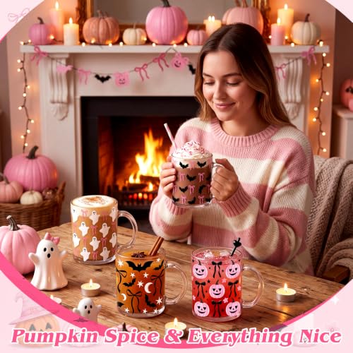 Halloween Coffee Mug Set Bat Design - Pink Bow, 12 oz Glass, Halloween Gift