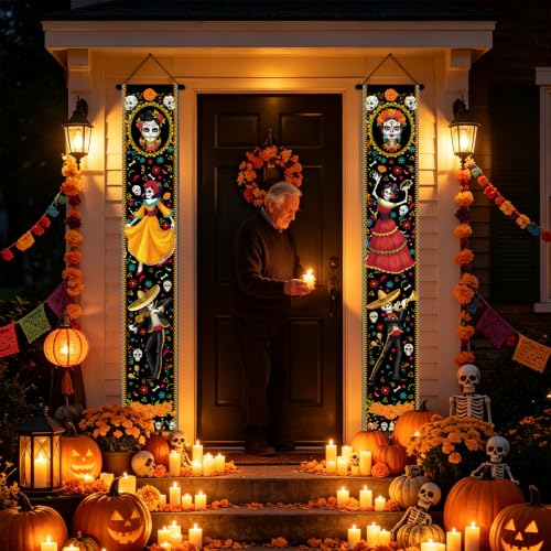 Day of the Dead Door Decorations 2 Pack - Halloween & Fiesta Porch Banners