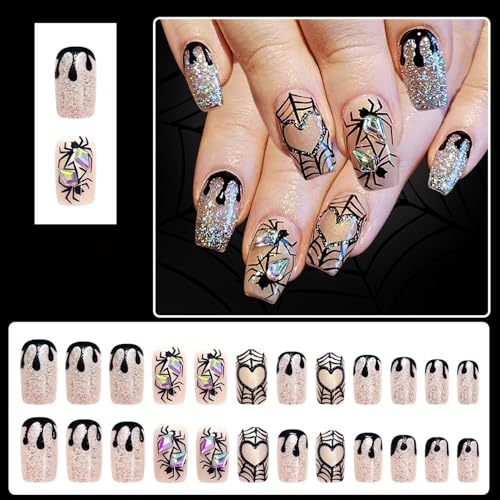 Halloween Press On Nails Short Square Glitter Web Spider Fake Nails WS07 - Reusable Nail Art for Women Party